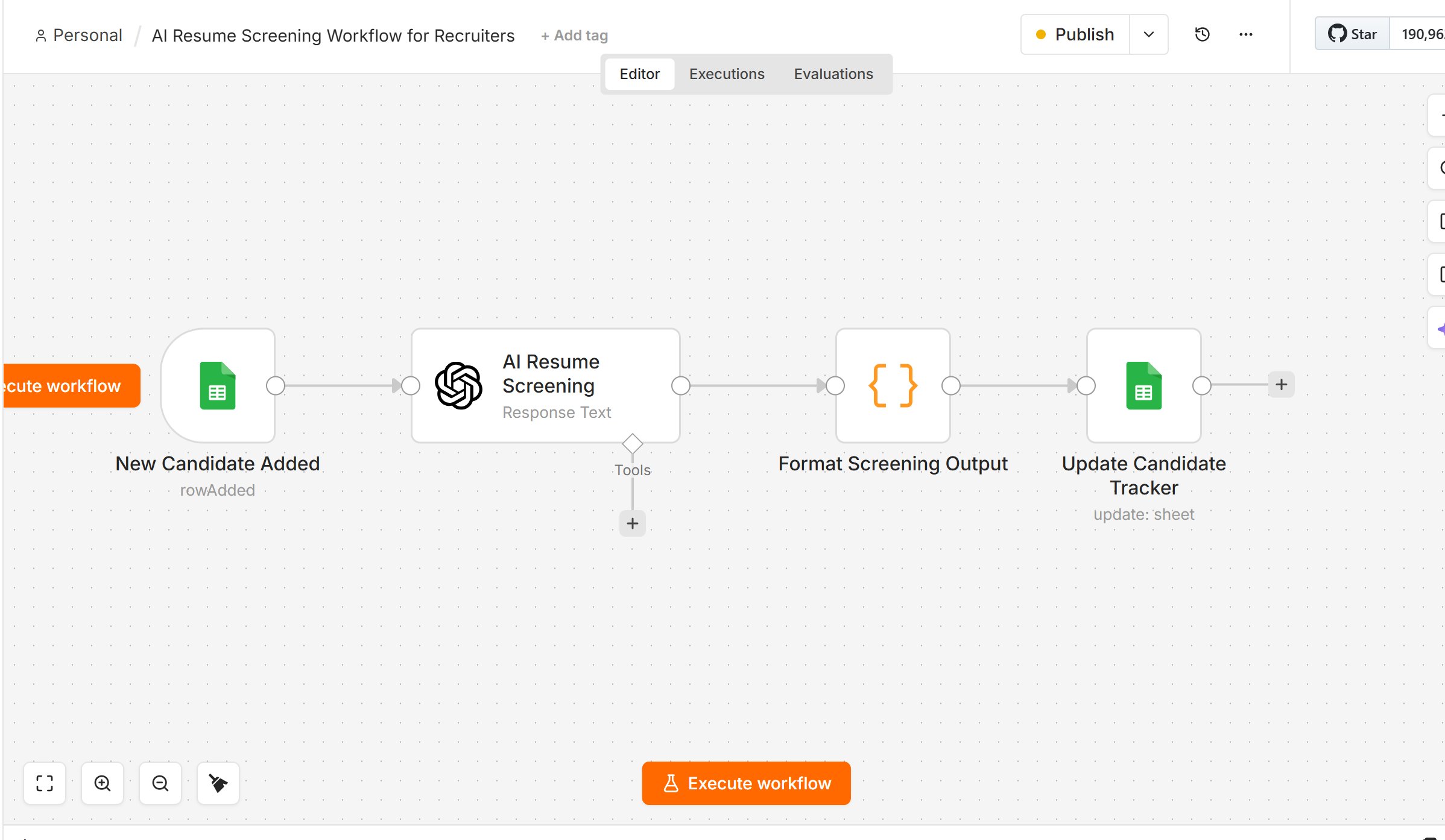 The AI resume screening workflow built in n8n, showing the trigger, OpenAI screening node, output formatting, and Google Sheets candidate tracker update